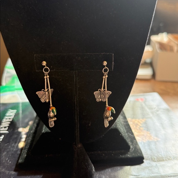 Incredibly unique, butterfly toucan sterling silver and enamel earrings pierced - Picture 3 of 5